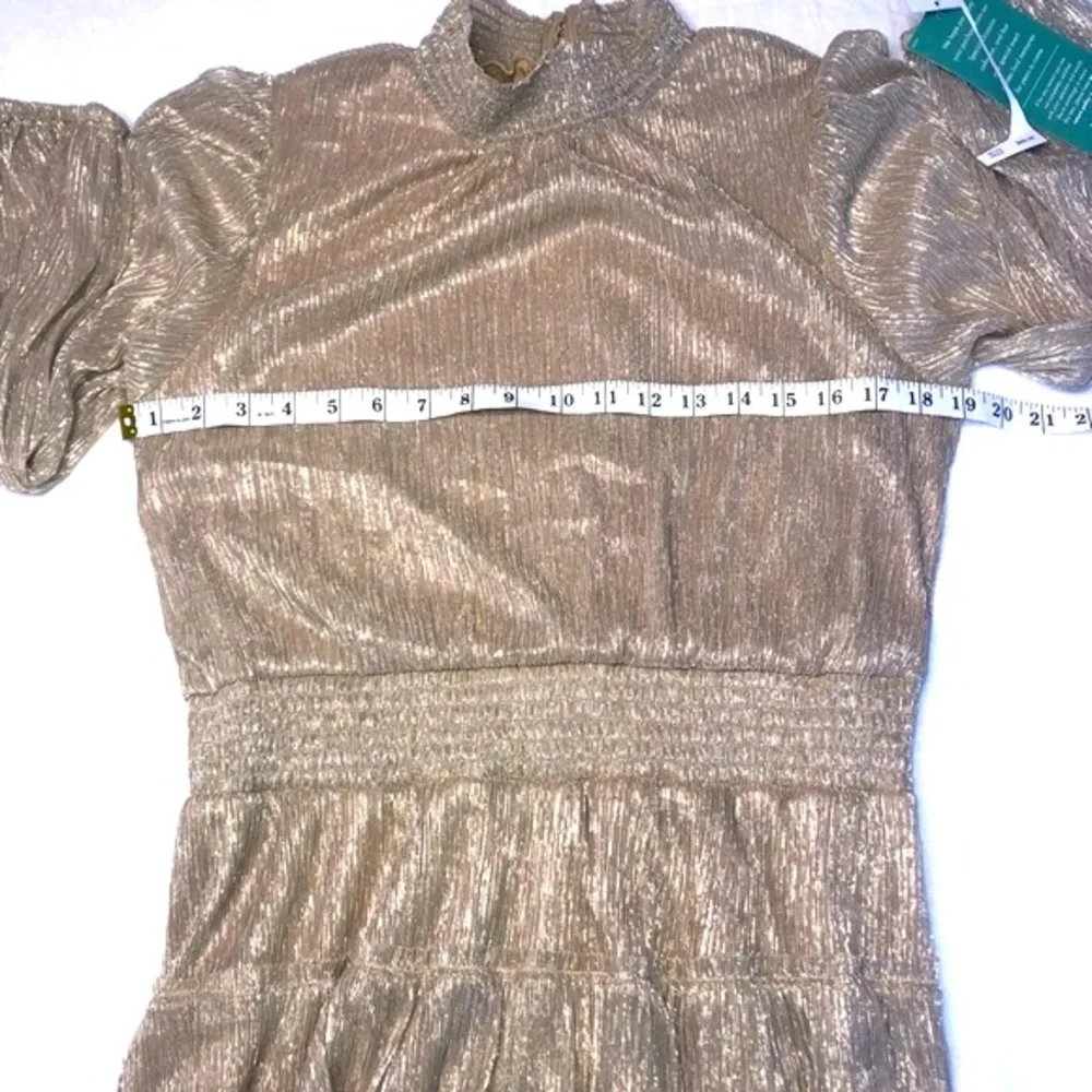 Sam & Jess Semi-Sheer Tiered Ruffle Mock turtleneck Dress Shimmer Gold S…